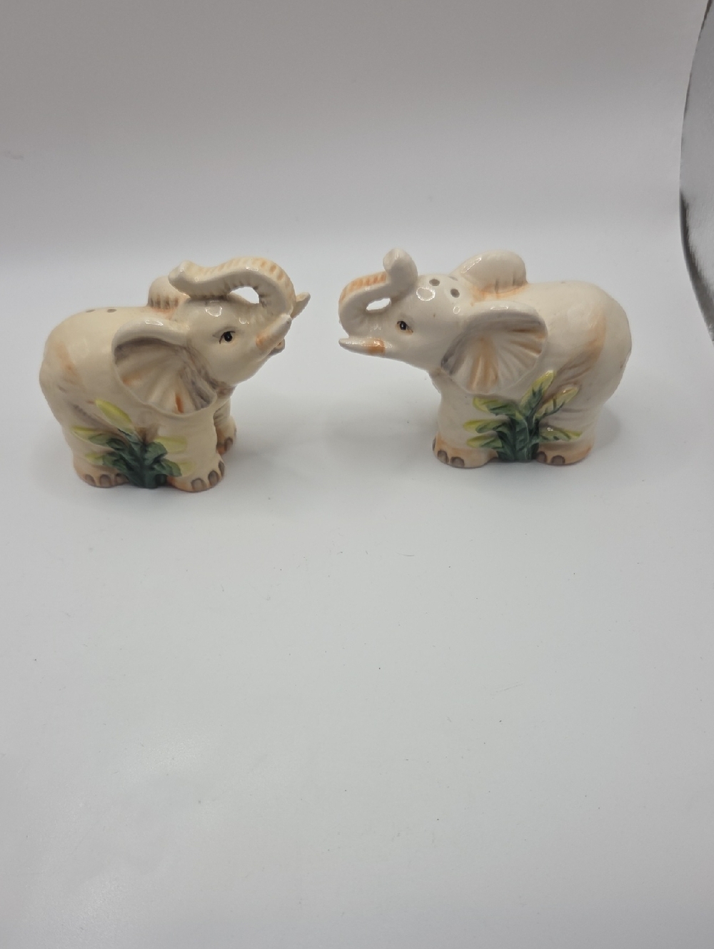 Ceramic Elephant Salt and Pepper Shakers - Cream with Green Accents